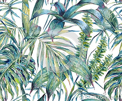 Natural leaves exotic watercolor seamless pattern Cartoon Illustration