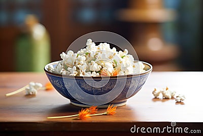 natural light on air-popped popcorn in a ceramic handcrafted dish Stock Photo