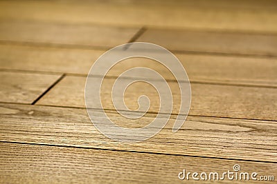 Natural light brown wooden parquet floor boards. Sunny soft yellow texture, copy space perspective background Stock Photo