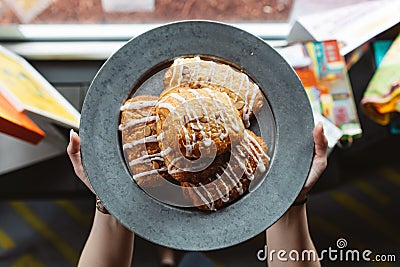 Natural light croissants on a classic diner tray Stock Photo