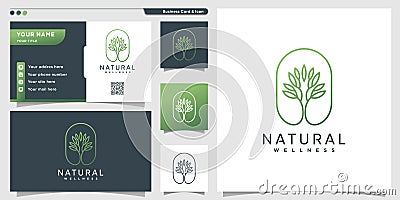 Natural logo with unique tree line art style and business card design Premium Vector Vector Illustration
