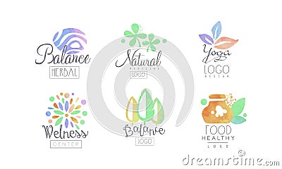 Natural Medicine Logo Design Collection, Wellness Center, Healthy Food, Balance Watercolor Badges Vector Illustration Vector Illustration