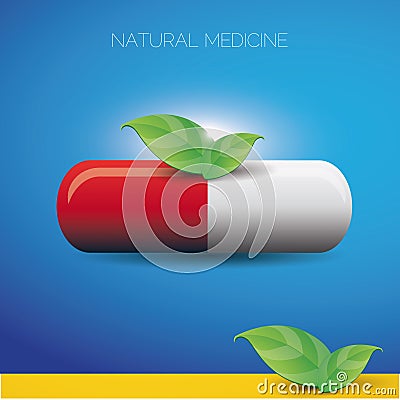 Natural medicine pill and green leaves Vector Illustration