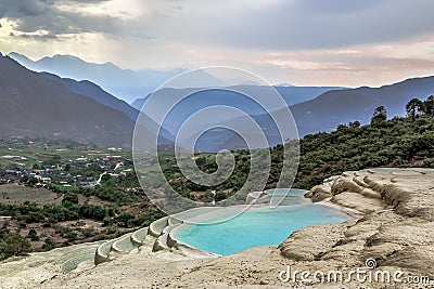 Natural mineral terrases in Baishuitai, between Lijiang and Shangri-La County in northwestern Yunnan province, China. Stock Photo
