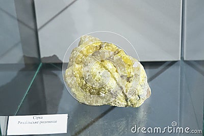 Natural native sulfur crystal. It is used for the production of sulfuric acid, the vulcanization of rubber, as a fungicide in Stock Photo