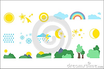 Natural objects set, weather and meteorology signs vector Illustrations on a white background Vector Illustration