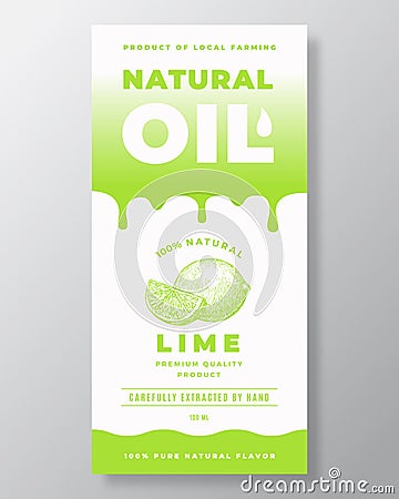 Natural Oil Abstract Vector Packaging Design or Label Template. Modern Typography, Gradient Drips and Hand Drawn Lime Vector Illustration