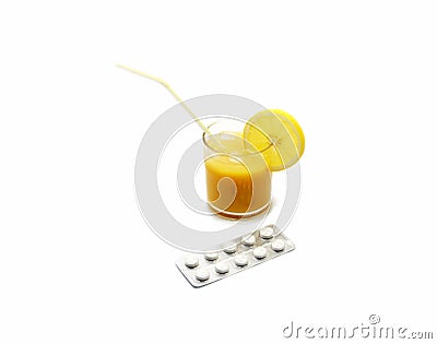 Natural orange juice vs chemical medicine Stock Photo