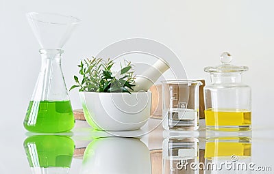 Natural organic botany and scientific glassware, Alternative herb medicine, Natural skin care cosmetic beauty products Stock Photo