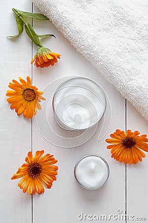 Natural organic herbal cosmetic cream with calendula flowers Stock Photo