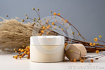 Natural Organic Moisturizer Cream in Eco-Friendly Jar with Dried Flowers Stock Photo