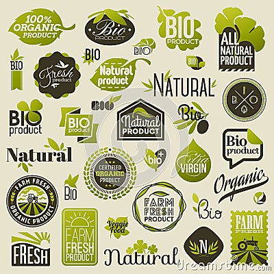 Natural organic product labels and emblems. Set of vectors Vector Illustration