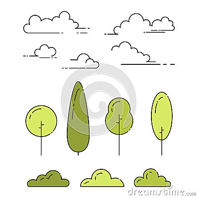 Natural park elements set of trees, shrubs and clouds in line art with editable stroke isolated on white background. Vector Illustration