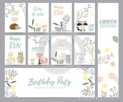 Natural pastel greeting card with wild,porcupine,bear,skunk,penguin,flower and leaf Vector Illustration