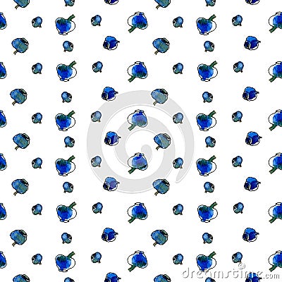 Hand-drawn watercolor seamless pattern with blueberries on white background. Polka dot texture. Simple natiral ornament. Stock Photo