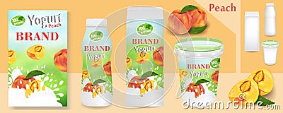 Natural peach Yogurt ads or packaging design. Template various packages for yogurt products. Applicable for branding, design Vector Illustration