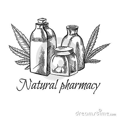 Natural pharmacy. Sketch illustration of vial, bottle and marijuana leaf. Healthcare and medicine. Cannabis pharmacy. Engraving Vector Illustration