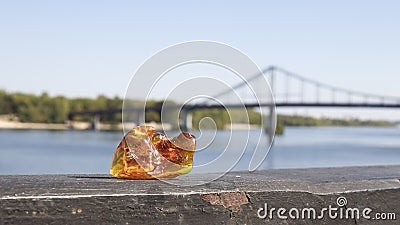 A natural piece of Baltic amber lies an iron parapet next to Dnieper river Stock Photo