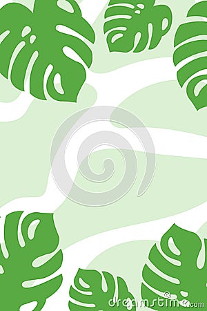 Natural plant banner, with green monstera leaves, botanical poster. Background for interior design, tropical poster Vector Illustration