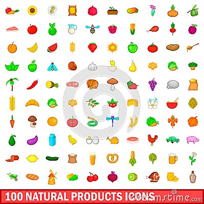 100 natural product icons set, cartoon style Vector Illustration