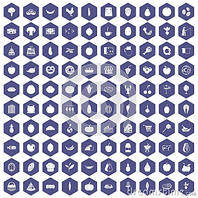 100 natural products icons hexagon purple Vector Illustration