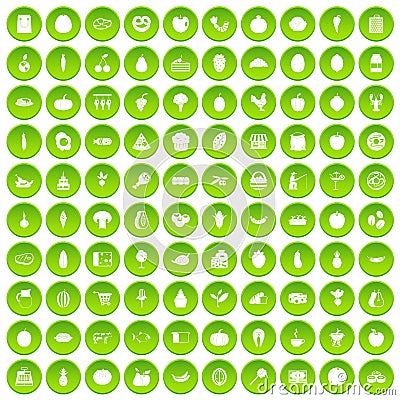 100 natural products icons set green Vector Illustration