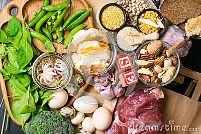 Natural products and ingredients containing selenium, dietary fiber and minerals, concept of healthy nutrition Stock Photo