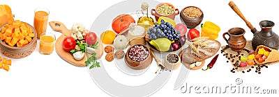 Natural products isolated on white background. Healthy food. Panoramic collage. Wide photo Stock Photo