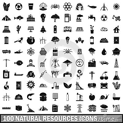 100 natural resources icons set, simple style Vector Illustration