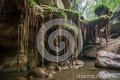 natural rock formation that looks like a series of vines or roots, with water droplets hanging from the tips Stock Photo