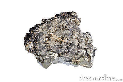 Natural rock specimen, raw iron pyrite, fool`s gold. Peru. Isolated on white background Stock Photo