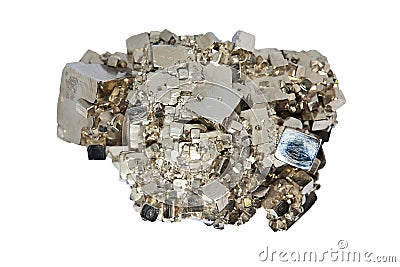Natural rock specimen, raw iron pyrite, fool`s gold. Peru. Isolated on white background Stock Photo