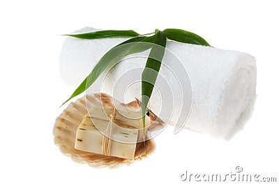 Natural Rosemary Soap And Seashell over White Stock Photo