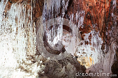 Natural salty stalactites at salt cave Stock Photo