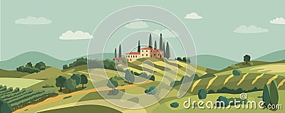 Natural scenery flat vector illustration. Italian village cartoon landscape with green hills and fields Vector Illustration
