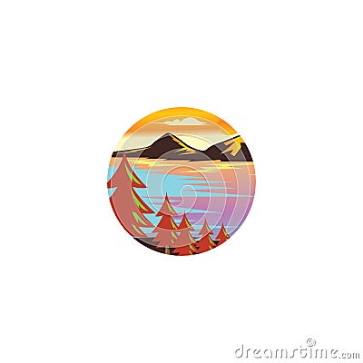 Natural sea and mountain view, small circle illustration with color Vector Illustration