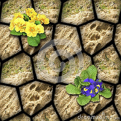 Natural seamless pattern of brown stones with clay and blooming flowers Stock Photo