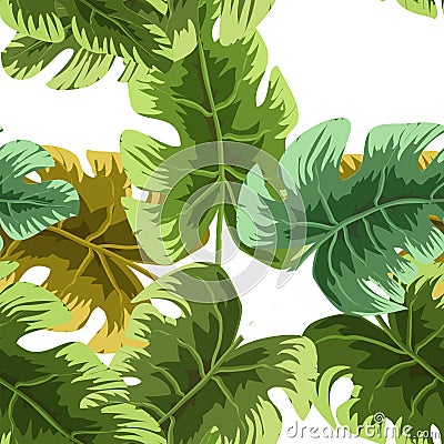 Natural seamless pattern with green tropical leaves or scattered exotic foliage of jungle plants on white background. Hawaiian Vector Illustration