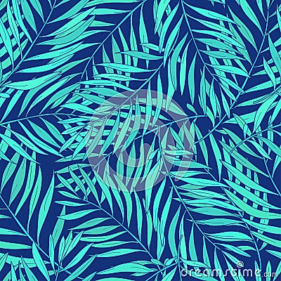 Natural seamless pattern with green tropical palm leaves on blue background. Backdrop with foliage of exotic trees Vector Illustration