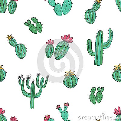 Natural seamless pattern with hand drawn green cactus on white background. Blooming Mexican desert plants. Botanical Vector Illustration