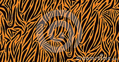 Natural seamless pattern with orange zebra or tiger coat of fur texture. Bright colored animal backdrop with stripes Vector Illustration