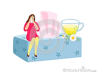 Natural sedative chamomile tea. Flat crying woman, napkins box, daisies, cup of tea Vector Illustration