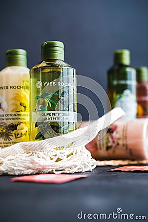 Natural shower gels by Yves Rocher company, product shot Editorial Stock Photo