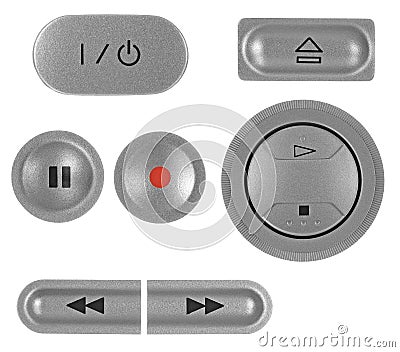 Natural silver grey DVD recorder buttons, isolated Stock Photo