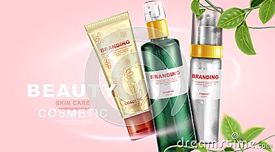Natural skin care product. Package design and leaves with pink background Vector Illustration