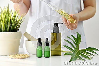 Natural skincare cosmetics research and development concept, Doctor formulating new beauty products from organic natural plants. Stock Photo