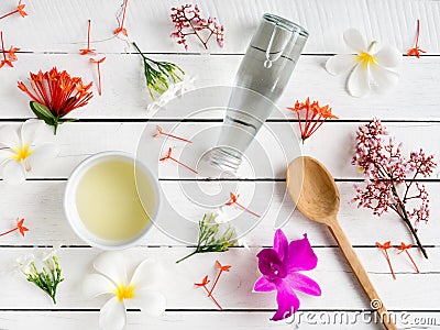 Natural skincare products,aroma oil with tropical flower. Stock Photo