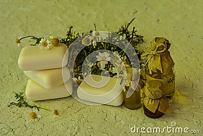Bar of natural handmade soap and chamomile Stock Photo