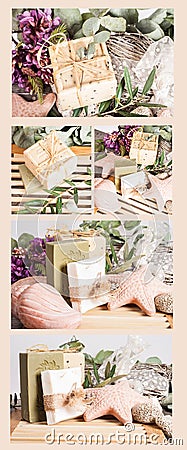 Natural soaps collage with ceramic shells Stock Photo