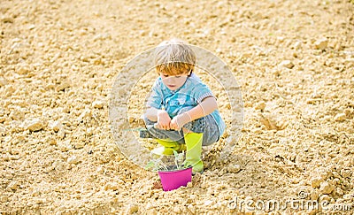 Natural soil. new technology in farming. earth day. summer farm. happy child gardener. botanic worker. Working with Stock Photo